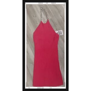 NWT~The Ragged Priest Red Fuzzy/Ribbed Texture Silver Chain Halter Dress Sz XL
